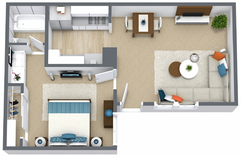 Floor plan for 1 bed, 1 bath, 600 sqft